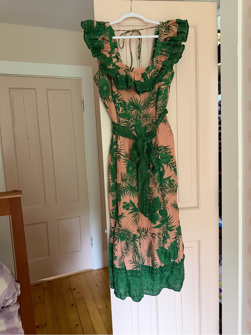 Linen blend women’s Phase Eight pink+green Tropical Print Ruffle Midi Dress